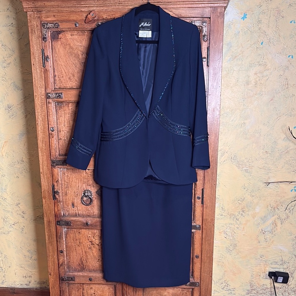 Milano Dark Navy Blue Long Skirt Suit with beaded Embellishments Sz 8